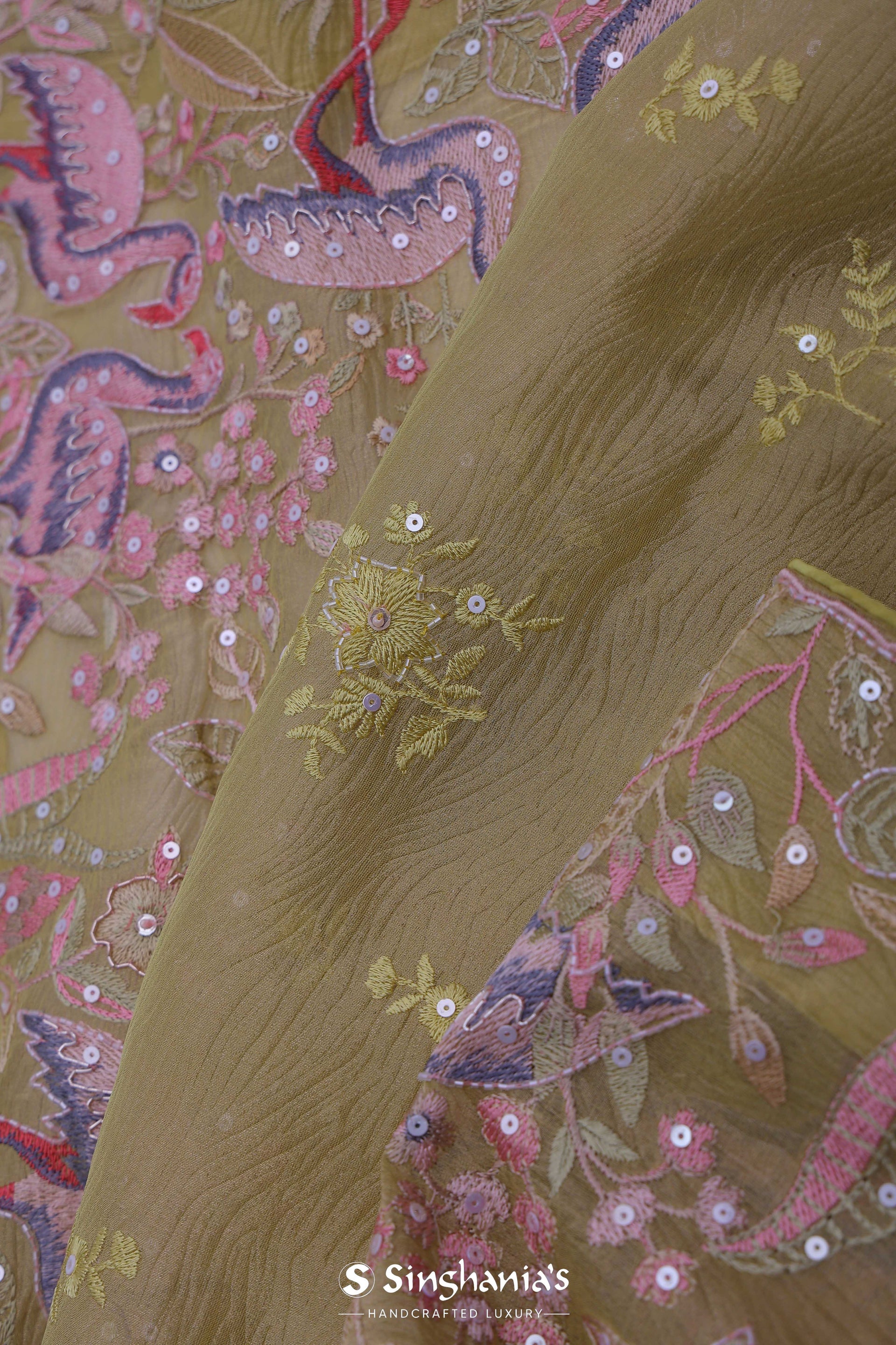 <img> Tan Brown Crushed Tissue Saree With Embroidery Work