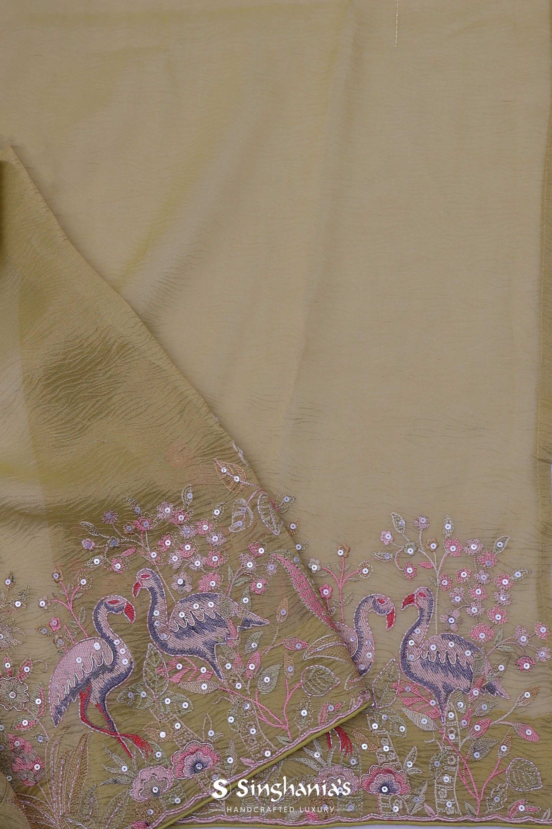 <img> Tan Brown Crushed Tissue Saree With Embroidery Work