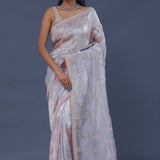 Blueish Silver Tissue Saree With Scallop Border