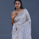 Blueish Silver Tissue Saree With Scallop Border