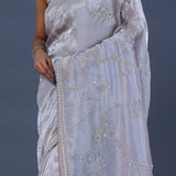 Blueish Silver Tissue Saree With Scallop Border
