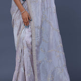 Blueish Silver Tissue Saree With Scallop Border