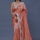 Chestnut Brown Tissue Saree With Scallop Border