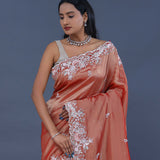 Chestnut Brown Tissue Saree With Scallop Border
