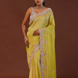 Slime Green Georgette Tissue Saree With Scallop Border