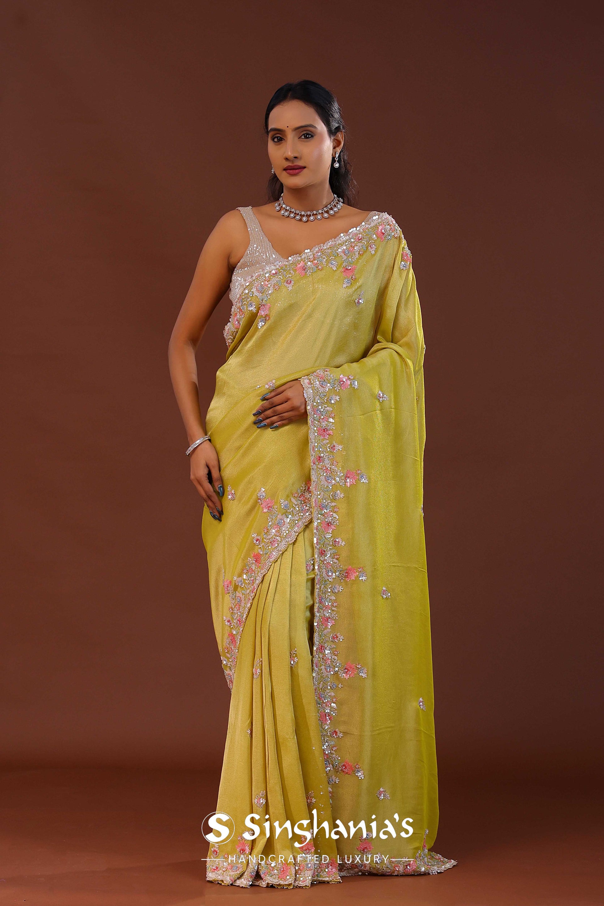 <img> Slime Green Georgette Tissue Saree With Scallop Border