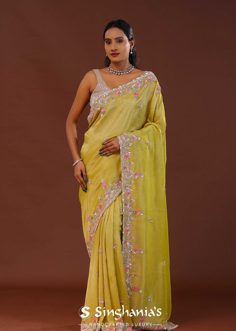 <img> Slime Green Georgette Tissue Saree With Scallop Border