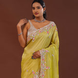 Slime Green Georgette Tissue Saree With Scallop Border