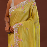 Slime Green Georgette Tissue Saree With Scallop Border