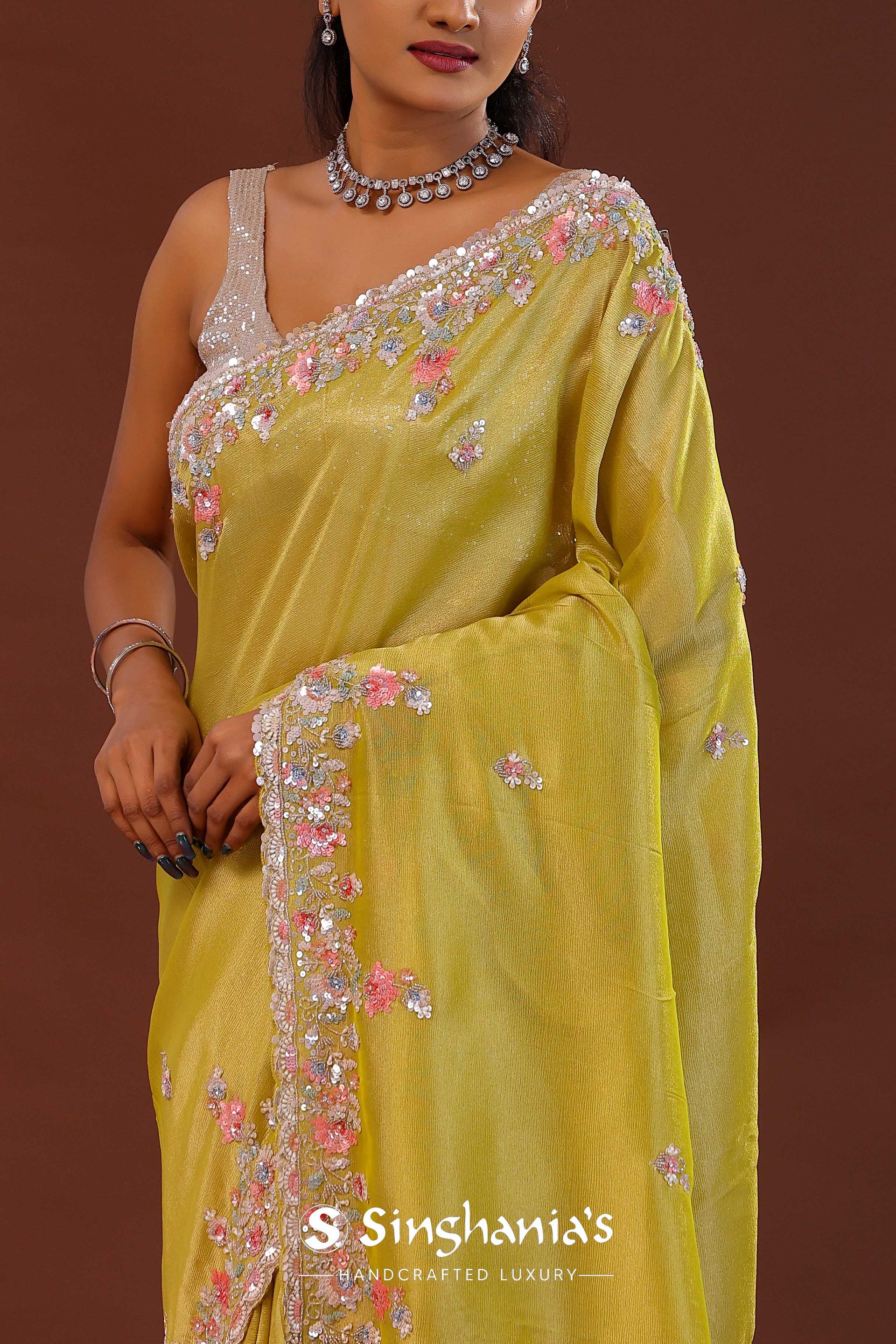 <img> Slime Green Georgette Tissue Saree With Scallop Border