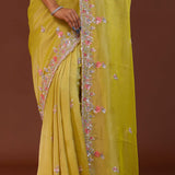 Slime Green Georgette Tissue Saree With Scallop Border