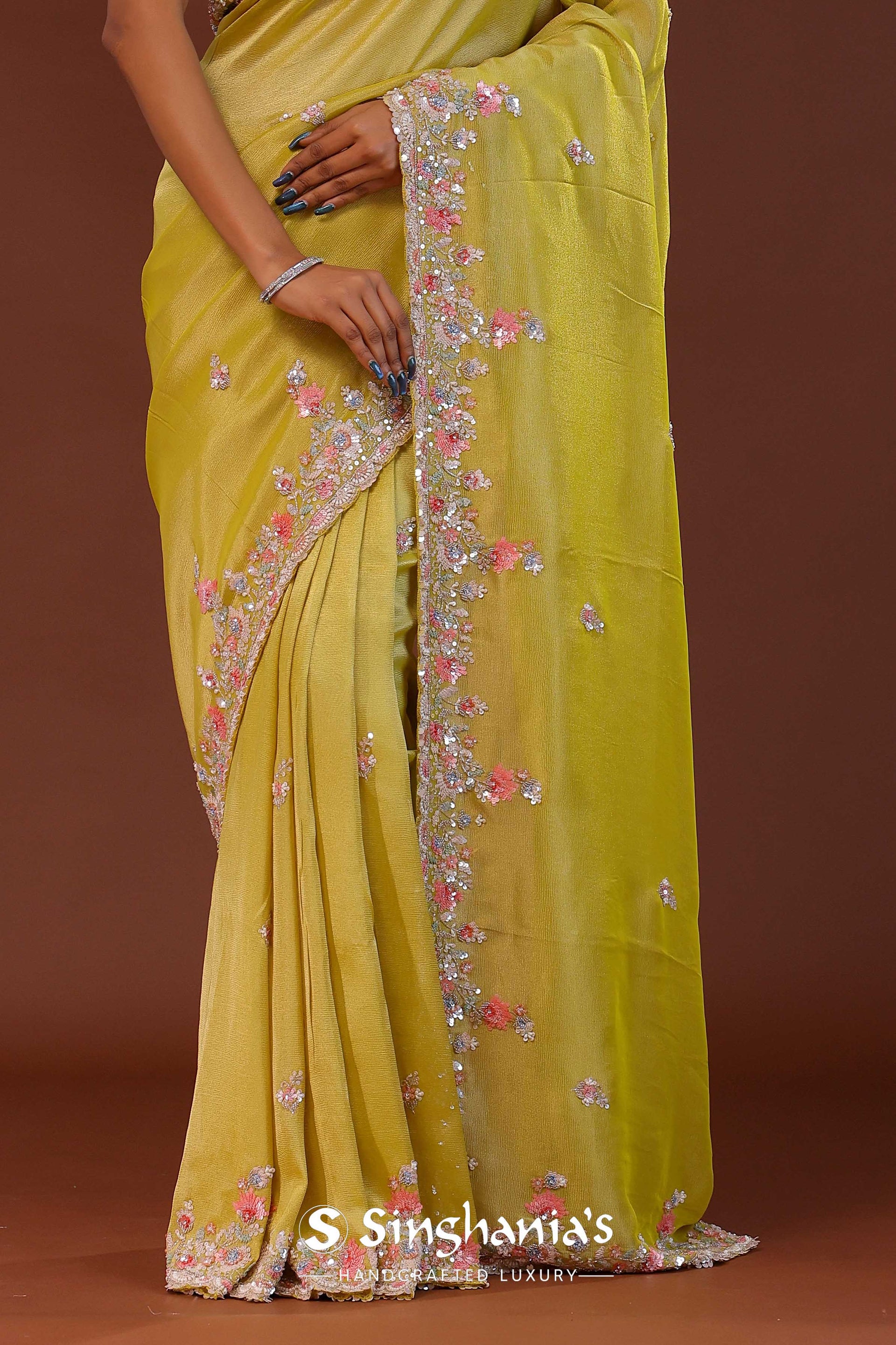 <img> Slime Green Georgette Tissue Saree With Scallop Border