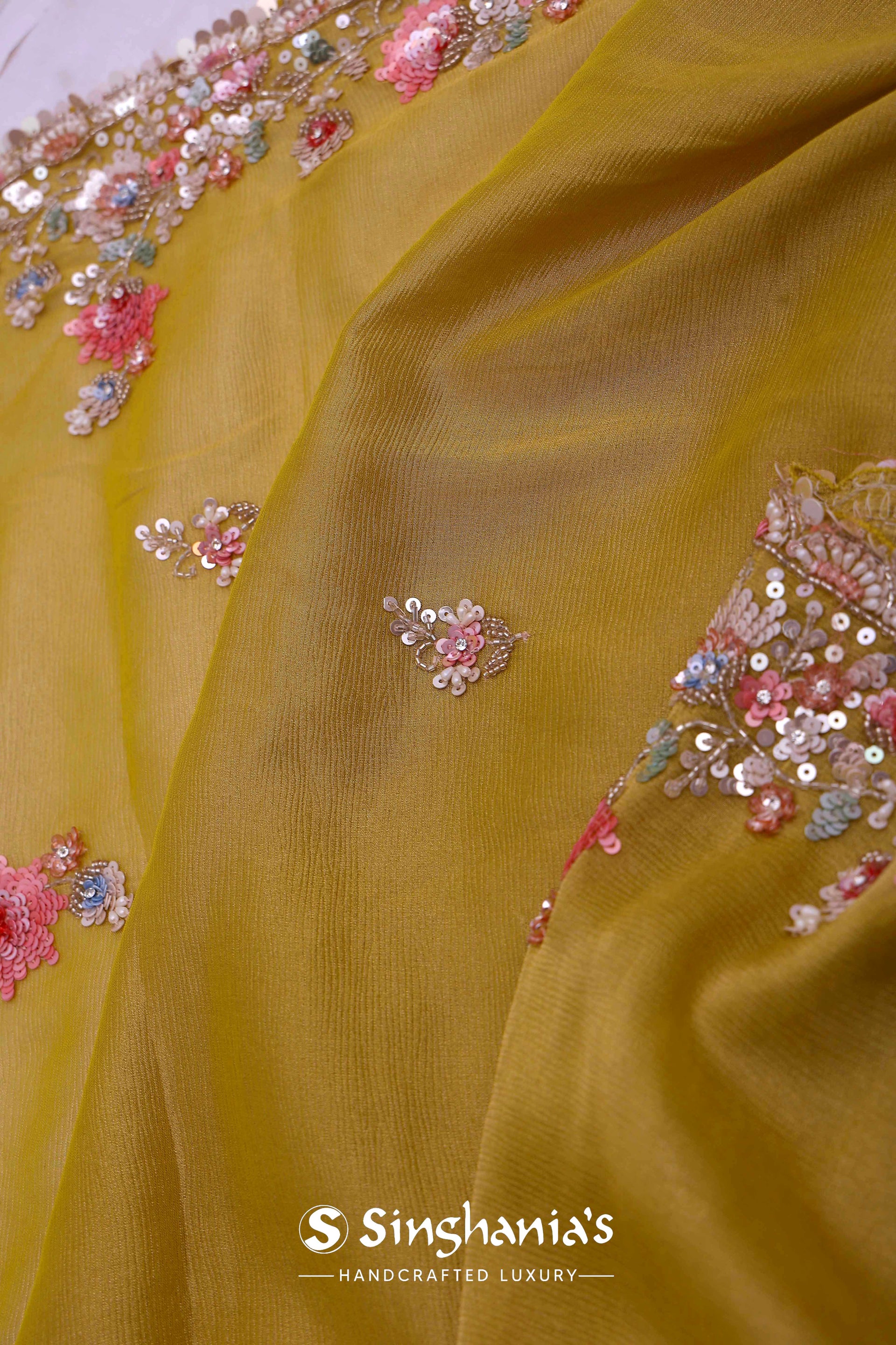 <img> Slime Green Georgette Tissue Saree With Scallop Border