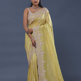 Light Lime Green Crushed Tissue Saree With Scallop Border