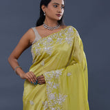 Light Lime Green Crushed Tissue Saree With Scallop Border