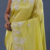 Light Lime Green Crushed Tissue Saree With Scallop Border