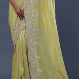 Light Lime Green Crushed Tissue Saree With Scallop Border
