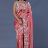Thulian Pink Crushed Tissue Saree With Scallop Border