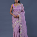 Lavender Crushed Tissue Saree With Scallop Border