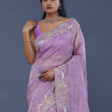 Lavender Crushed Tissue Saree With Scallop Border