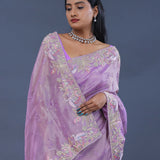 Lavender Crushed Tissue Saree With Scallop Border