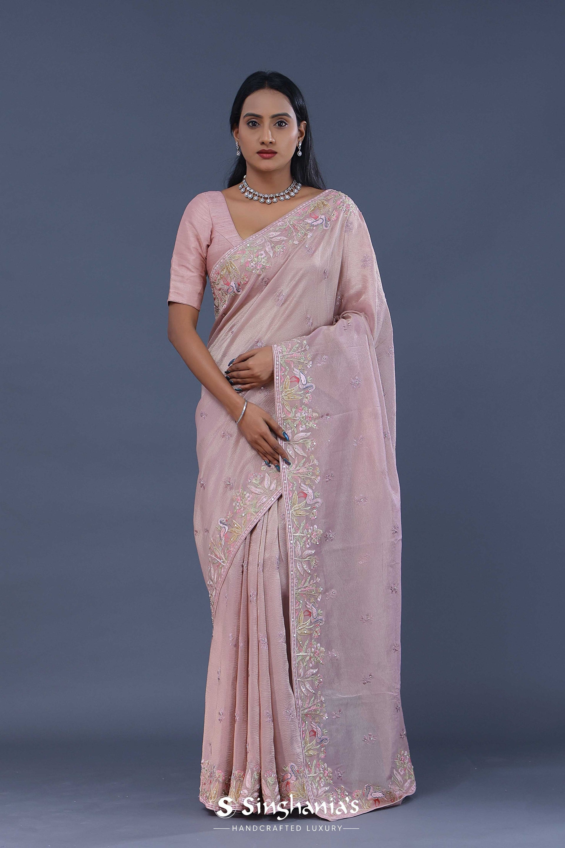 <img> Pastel Pink Crushed Tissue Saree
