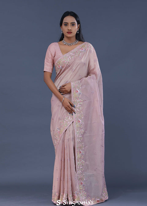 <img> Pastel Pink Crushed Tissue Saree
