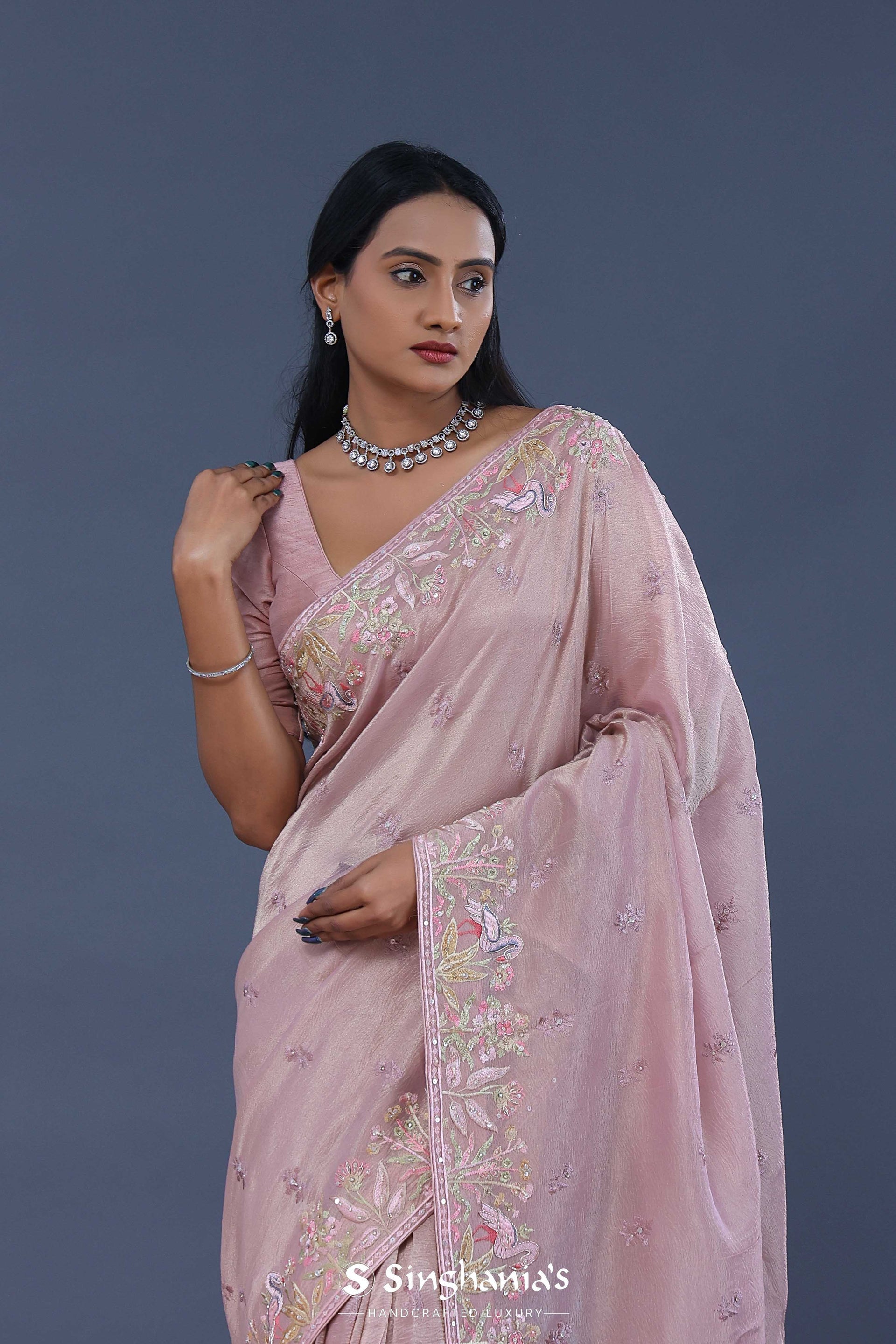 <img> Pastel Pink Crushed Tissue Saree
