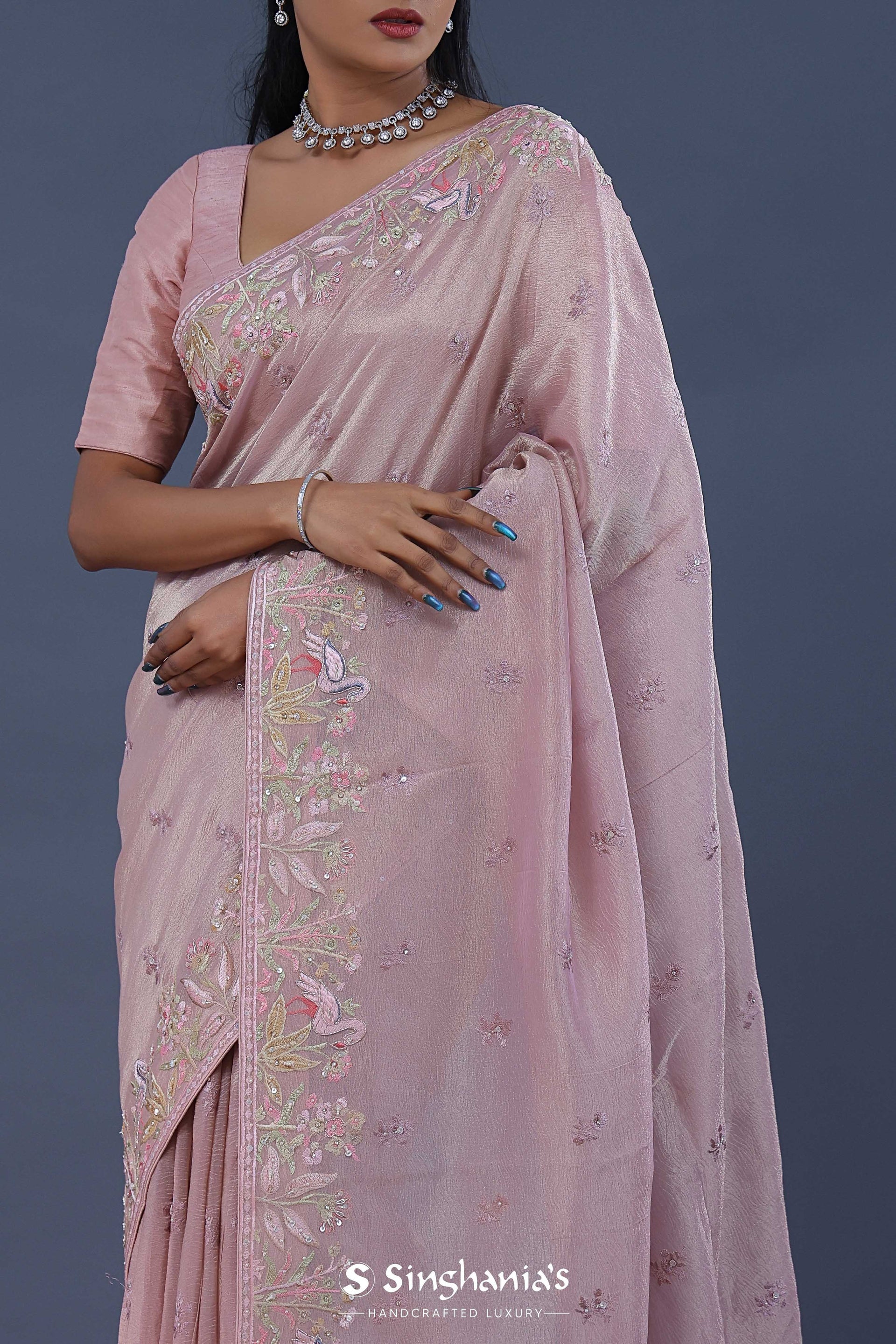 <img> Pastel Pink Crushed Tissue Saree
