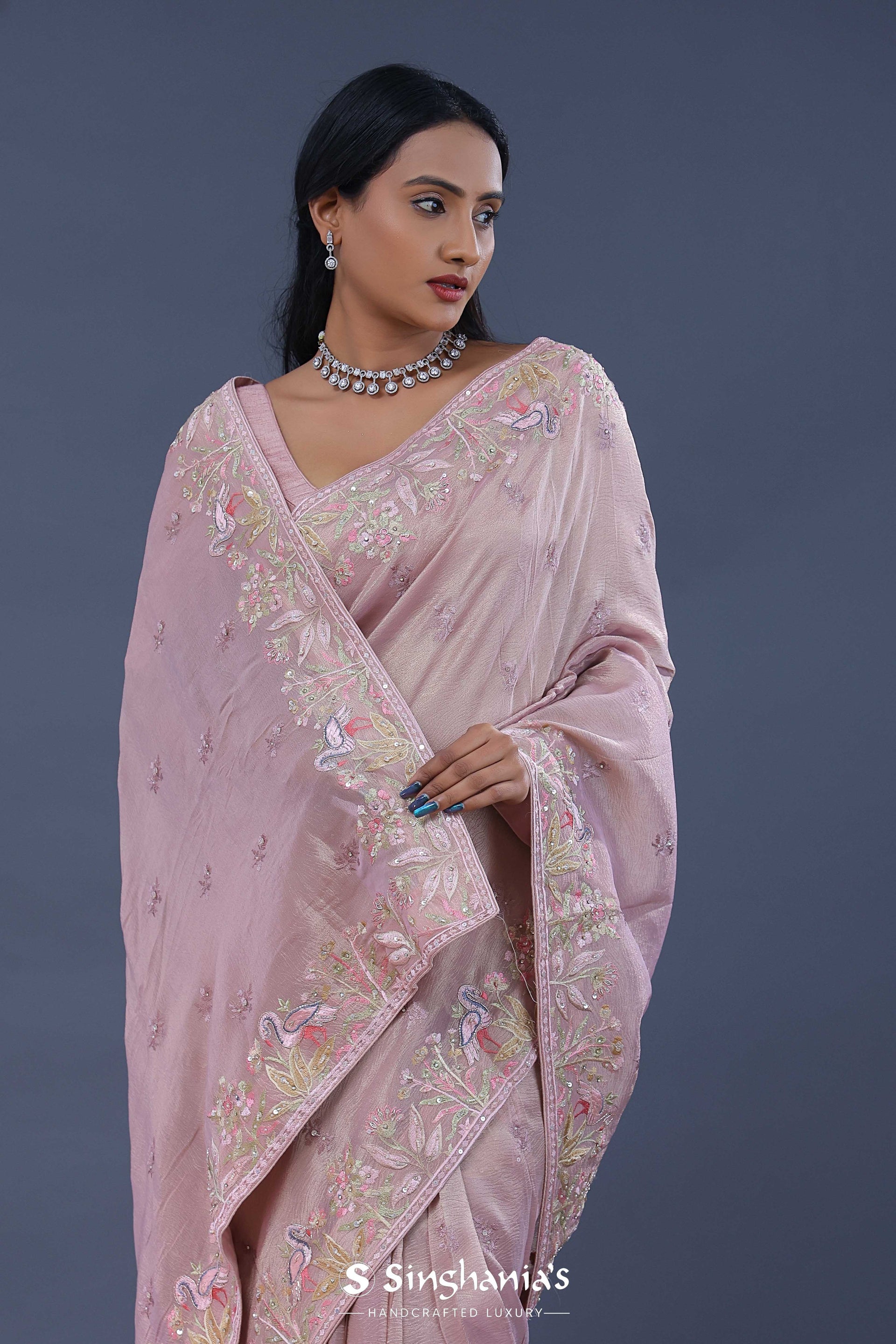 <img> Pastel Pink Crushed Tissue Saree
