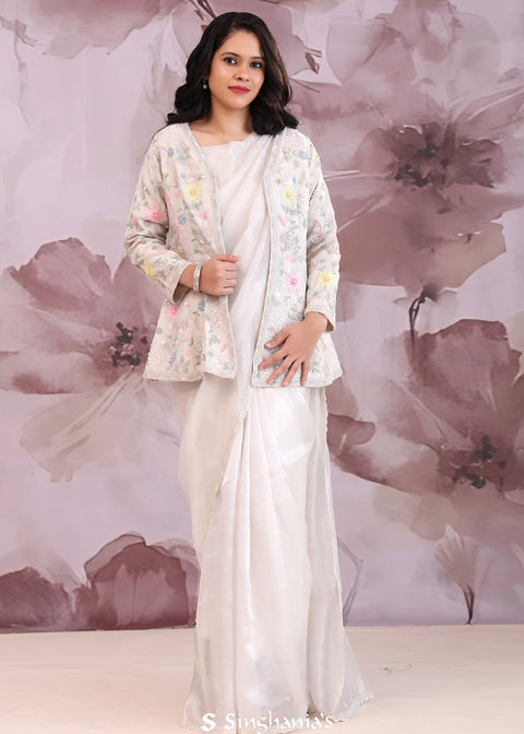 <img> White Tissue Organza Saree With Scallop Border With Jacket