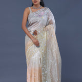 White Tissue Organza Saree With Scallop Border