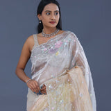White Tissue Organza Saree With Scallop Border