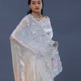 White Tissue Organza Saree With Scallop Border