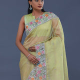 Soft Light Lime Green Organza Tissue Saree
