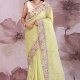 Pale Lime Yellow Organza Saree With Parsi Embroidery