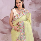Pale Lime Yellow Organza Saree With Parsi Embroidery
