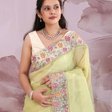 Pale Lime Yellow Organza Saree With Parsi Embroidery