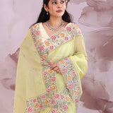 Pale Lime Yellow Organza Saree With Parsi Embroidery