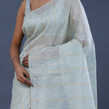Pale Green Organza Tissue Saree With Stripes