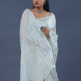 Pale Green Organza Tissue Saree With Stripes