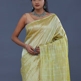 Soft Light Lime Green Organza Tissue Saree With Stripes