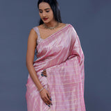 Lavender Pink Organza Tissue Saree With Stripes