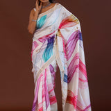 White Banarasi Saree With Digital Print