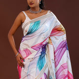 White Banarasi Saree With Digital Print