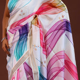 White Banarasi Saree With Digital Print