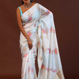 Off White Banarasi Saree With Rose Digital Print