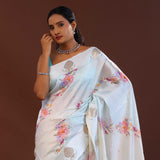 Off White Banarasi Saree With Rose Digital Print