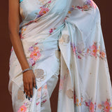 Off White Banarasi Saree With Rose Digital Print