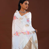 Off White Banarasi Saree With Rose Digital Print